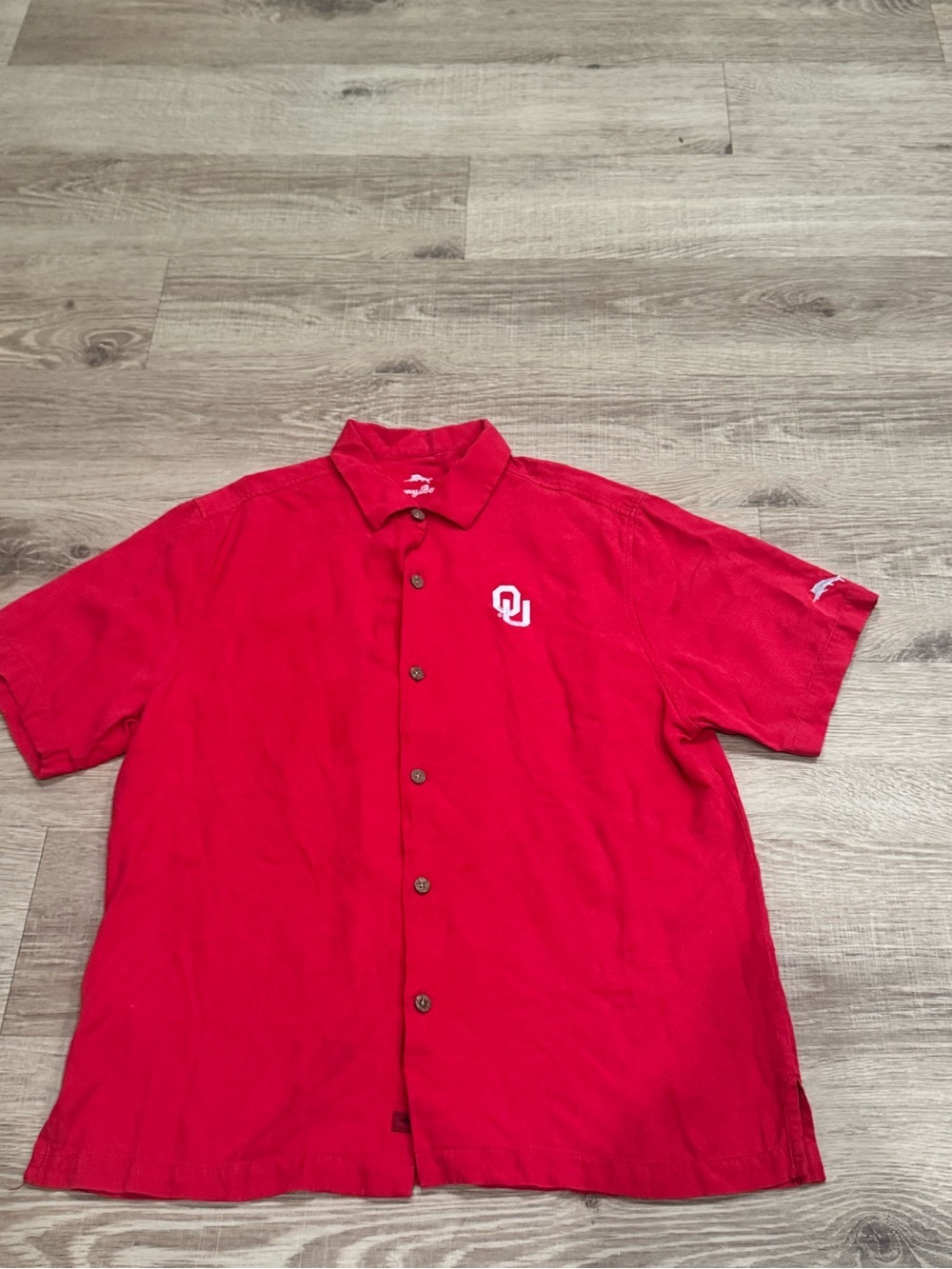 Tommy Bahama Oklahoma Sooners OU 100% Silk Camp Shirt Red Men’s Large